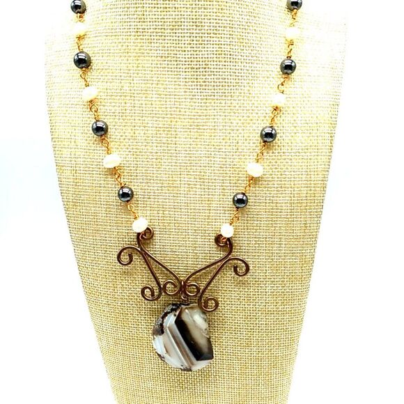 Artisan Brass Copper Wire Wrapped Agate Gemstone White fresh Water &Black Pearls - Picture 5 of 12